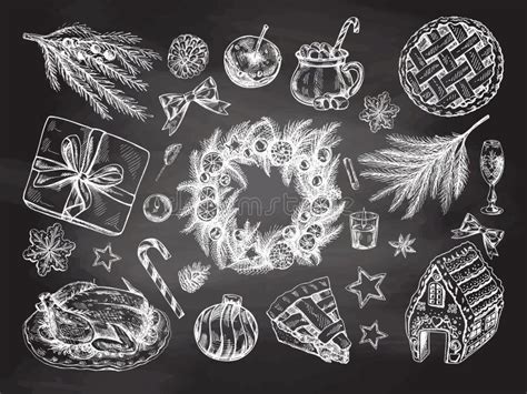 Hand Drawn Christmas Set In Sketch Style Isolated On Chalkboard