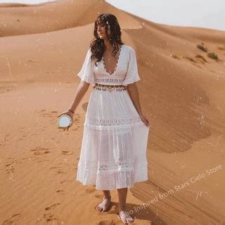 Boho Inspirado Cowboy Maxi Vestido Branco Decote V Profundo Crochê