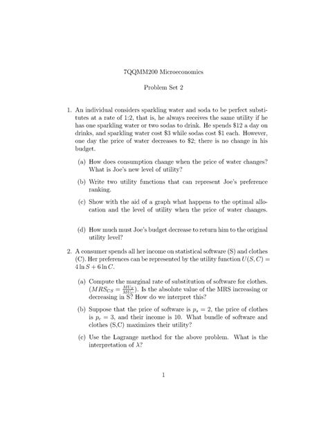 Problem Set 2 Tutorial 7qqmm200 Microeconomics Problem Set 2 An Individual Considers