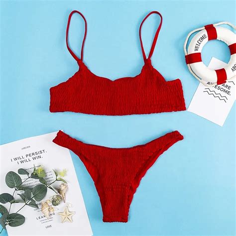 Wholesale Solid Color Bikini Two Piece Bikini Women Shirred Glamour Sling High Cut Bikini Set