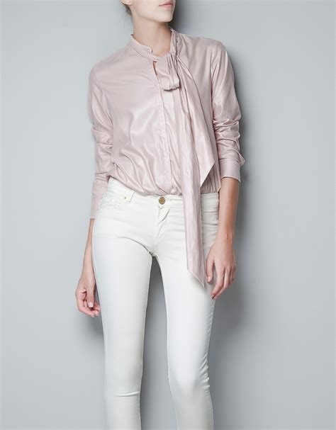 Zara Blouse With Bow Collar In Pink Lyst