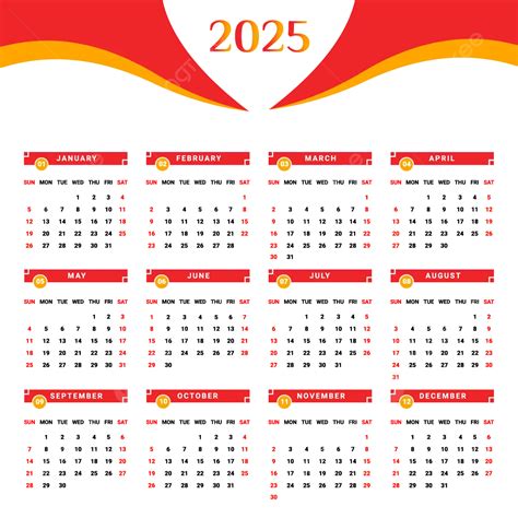 Kalender Merah Dan Kuning 2025 Dengan Gaya Unik Vektor Kalender