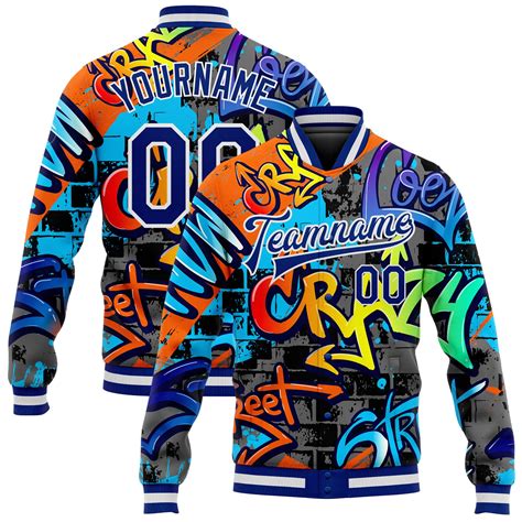 Custom Graffiti Pattern Royal White Geometric 3d Bomber Full Snap Varsity Letterman Jacket