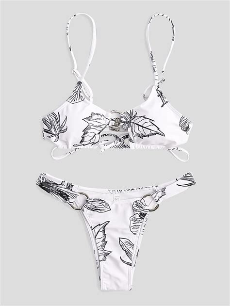 Kvinder Simple Plant Med Tryk Hule Ring Rygl S Badedragt Thong Bikini Til Sv Mning Damemode