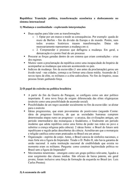 República Transição política transformação econômica e deslocamento