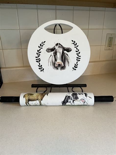 Hand Made Farmhouse Cow And Goat Double Sided Hanging Breadboard With