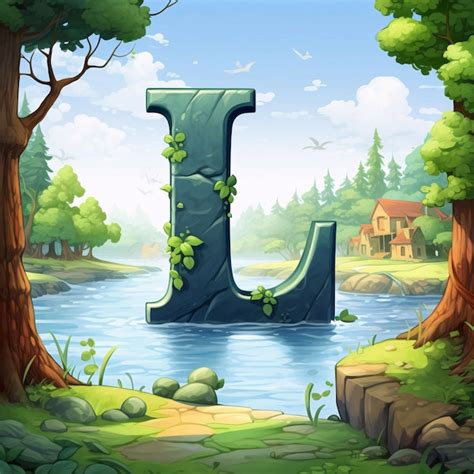 Font Design For Letter J In The Nature Background With Forest And River Illustration Letter L