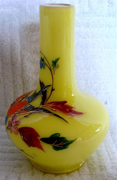 English 45” Art Glass Vase Cased Yellow Over White Opaline Enameled From Darcysantiquetreasures