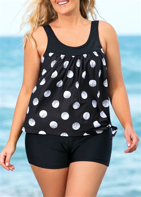 Plus Size Tie Side Polka Dot Black Tankini Set Plus Size Tankini Plus Size Swimwear Plus