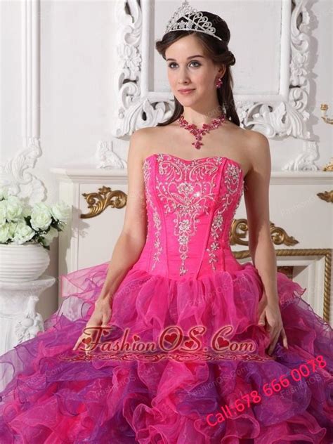 Elegant Hot Pink And Purple Quinceanera Dress Sweetheart Satin And Organza Embroidery Ball Gown