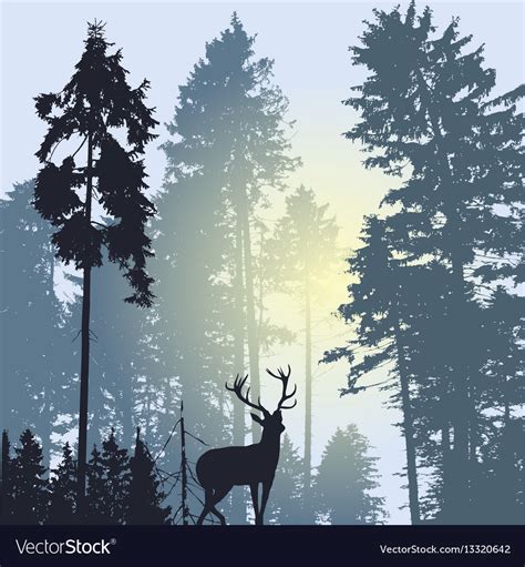 Landscape with silhouette of forest trees and deer