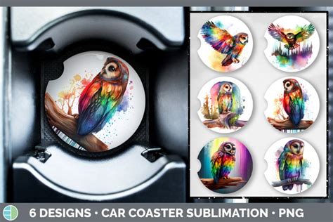 Rainbow Wood Owl Car Coaster Sublimation Coaster Designs B