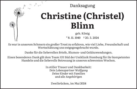 Traueranzeigen Von Christine Blinn Saarbruecker Zeitung Trauer De