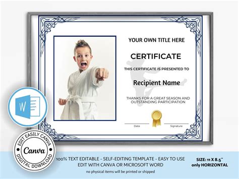 Editable Karate Martial Arts Certificate Template With Photo. - Etsy