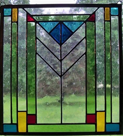 Stained Glass Window Panel With Chevrons Craftsman Style Etsy Stained Glass Window Panel