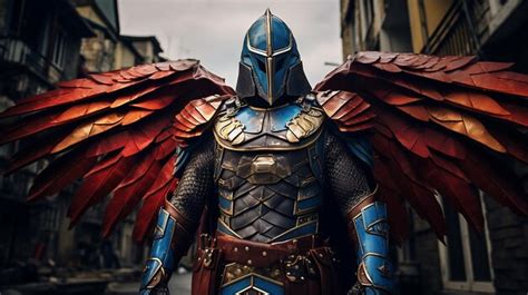 Premium AI Image | a knight with a blue armor and red wings stands in front of a building.