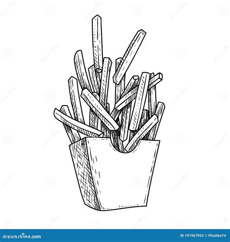 French Fries Flying To Paper Box Sketch Style Hand Drawn Illustration