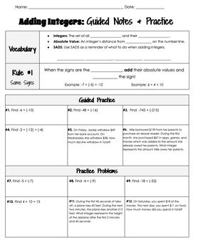 Adding Integers Guided Notes Practice Key Included Fully Editable