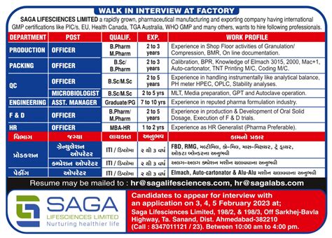 Saga Lifesciences Limited Walk In Interviews For Production Packing