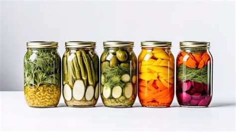 Glass Jar Assorted Pickled Vegetables Preserved In Jars Against A White