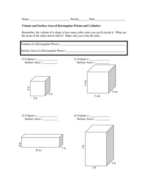 Volume And Surface Area Of Rectangular Prisms And Cylinders Worksheet