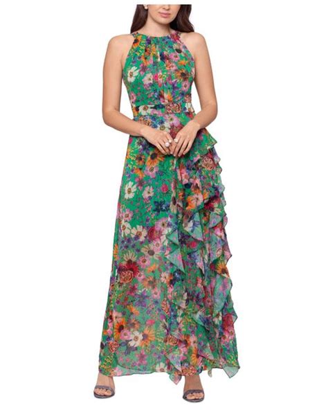 Betsy And Adam Ruffled Floral Halter Gown In Green Stylemi