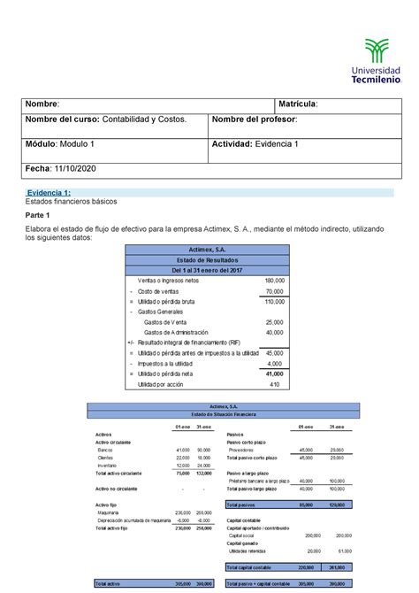 Evidencia 1 Contabilidad Y Costos Modulo 1 TecMilenio Nombre