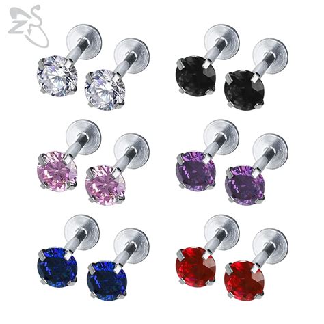 ZS 12pcs Lot 16G Crystal Set Zircon Labret Lip Rings Stainless Steel