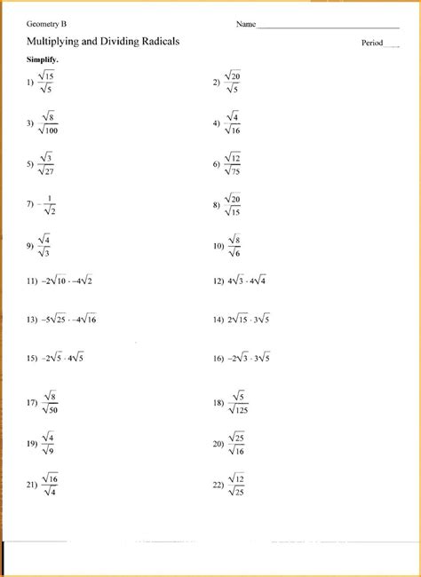 Division Of Radical Expressions Worksheet Simplifying Alg