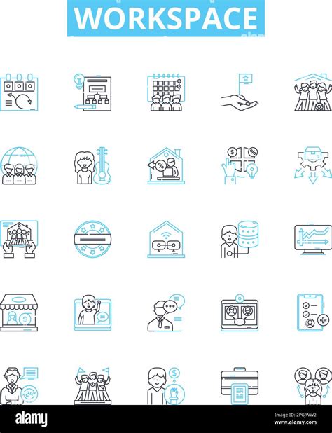 Workspace Vector Line Icons Set Office Room Desk Table Area Bench