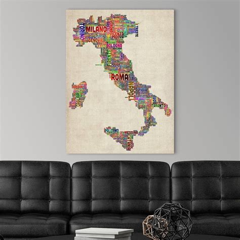 Italian Cities Text Map Multicolor On Parchment Wall Art Canvas