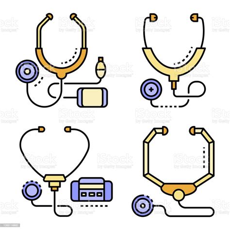 Stethoscope Icons Set Line Color Vector Outline Style Stock