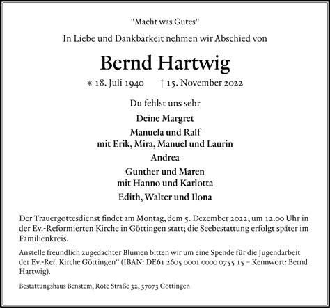 Traueranzeigen Von Bernd Hartwig Trauer Anzeigen De