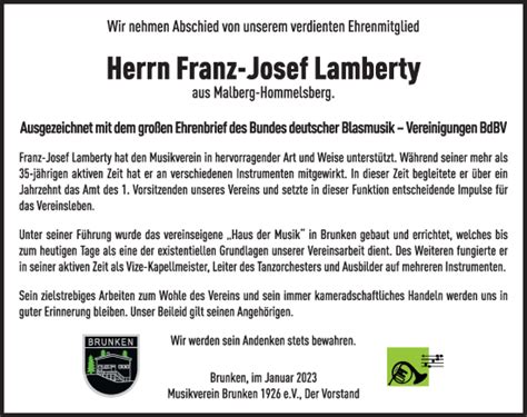 Traueranzeigen Von Franz Josef Lamberty Rz Trauer De