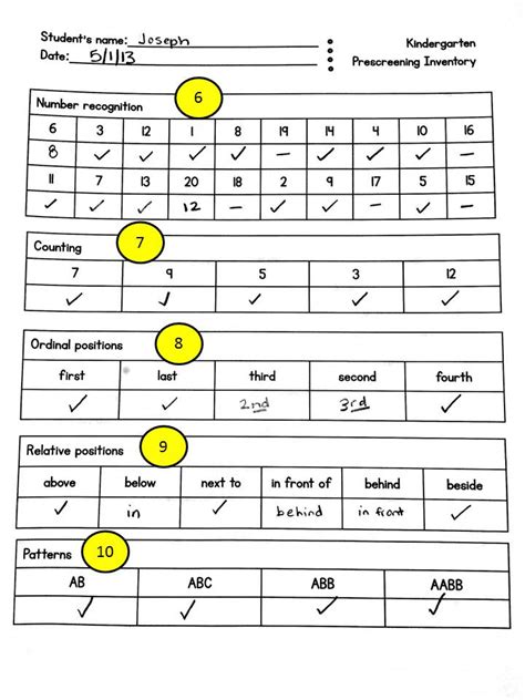 Kindergarten Screening Checklist