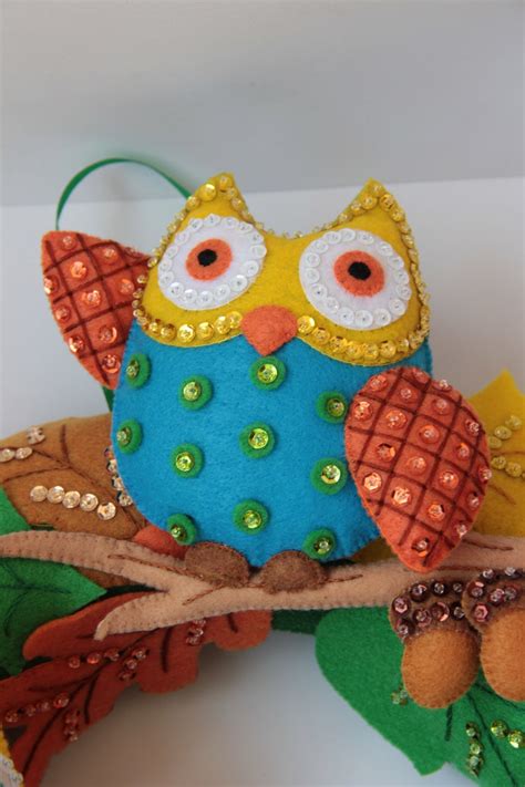 Felt Ornaments Bucilla Autumn Wreath Owl Stuffed Animal Felt Etsy