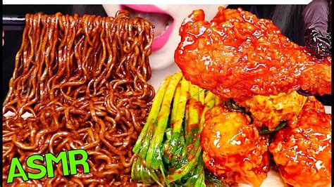 ASMR BLACK BEAN NOODLES FRIED CHICKEN KIMCHI 짜파게티 파김치 양념 치킨 닭다리 먹방