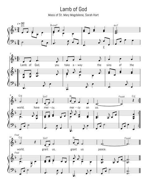 Mass Of St Mary Magdalene Sarah Hart Lamb Of God Sheet Music For Piano Piano Duo