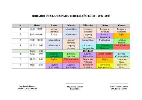 Horario De Clases De Tercer AÑo Horario De Clases Para Tercer AÑo Eg 2022 N Horas Lunes