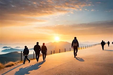 Un Grupo De Personas Caminando Por Una Calle Con El Sol A Sus Espaldas