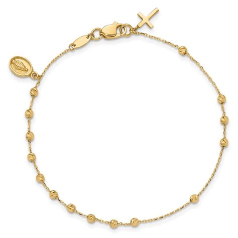 14k Yellow Gold Miraculous Medal And Cross Charms Rosary Bracelet 7 5in