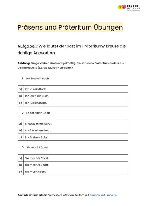 Präsens und Präteritum Übungen mit Lösungen A1 B2 PDF