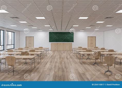 Luxury Wooden Classroom Interior With Furniture And Blackboard Windows With City View Back To