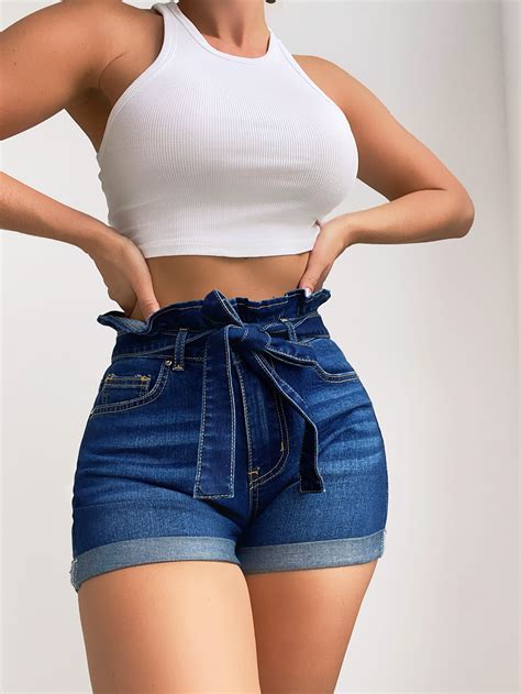 SHEIN Frenchy Paperbag Waist Roll Hem Belted Denim Shorts SHEIN USA