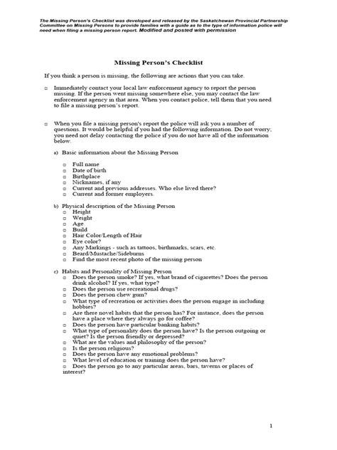 Missing Persons Checklist Ccima Pdf