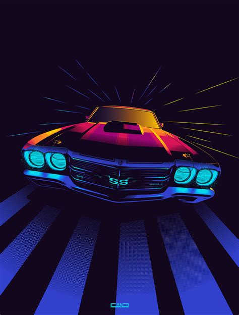 70's Chevelle SS neon night digital art, illuminated the SS badge just ...