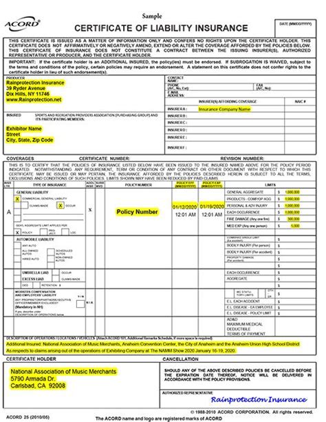 Exhibitor Insurance For Certificate Of Insurance Template