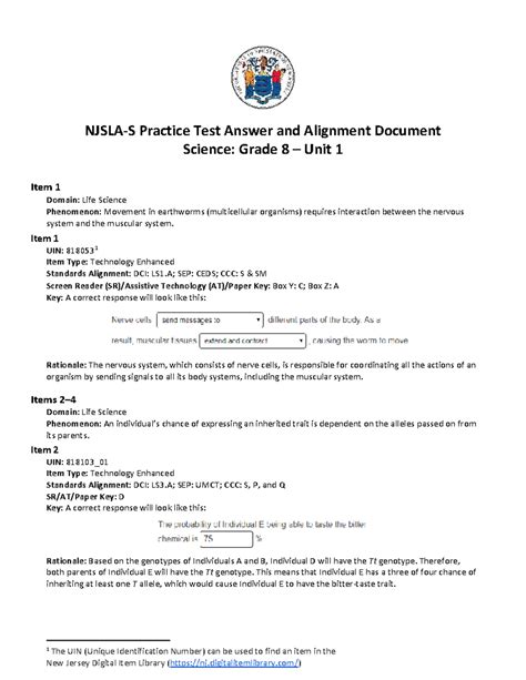 Njslas Practice Test Unit Grade Answer Alignment Document