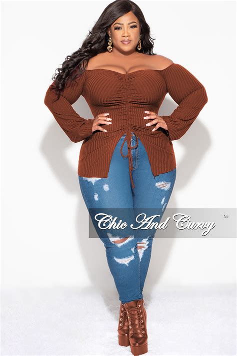 Final Sale Plus Size Ribbed Off The Shoulder Bell Sleeve Top In Brown