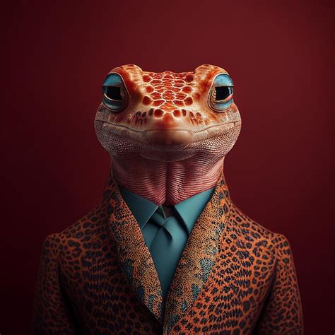 Un gecko con traje y corbata está parado frente a un fondo rojo Foto